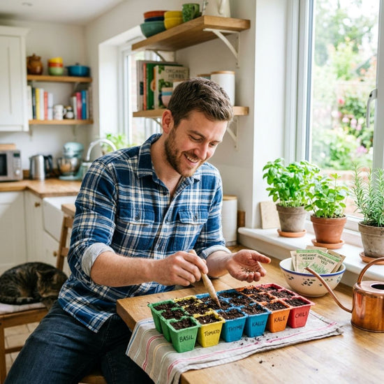 A man in a blue plaid shirt smiles while gardening, using a small brush to sow seeds in colorful seed-starting pots labeled with days of the week on a wooden table in a bright kitchen.