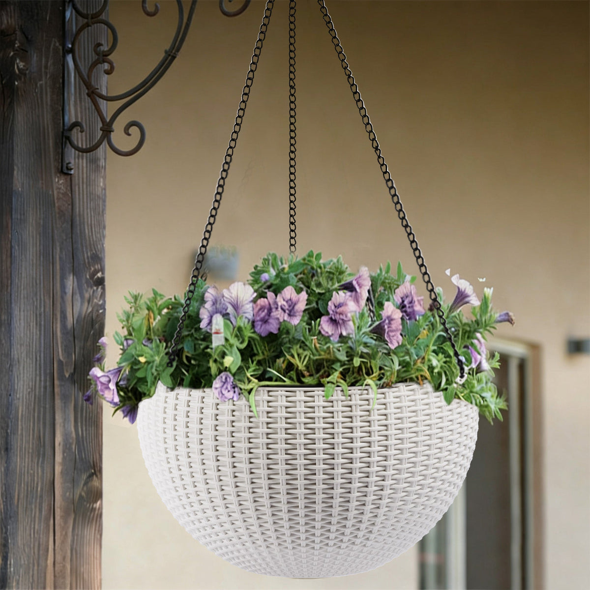 2-Pack White Self-Watering Rattan-Inspired Hanging Planters