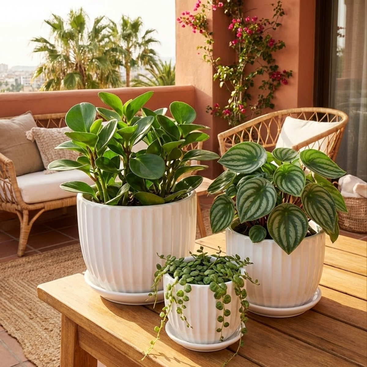 White Ceramic Fluted Planter Set