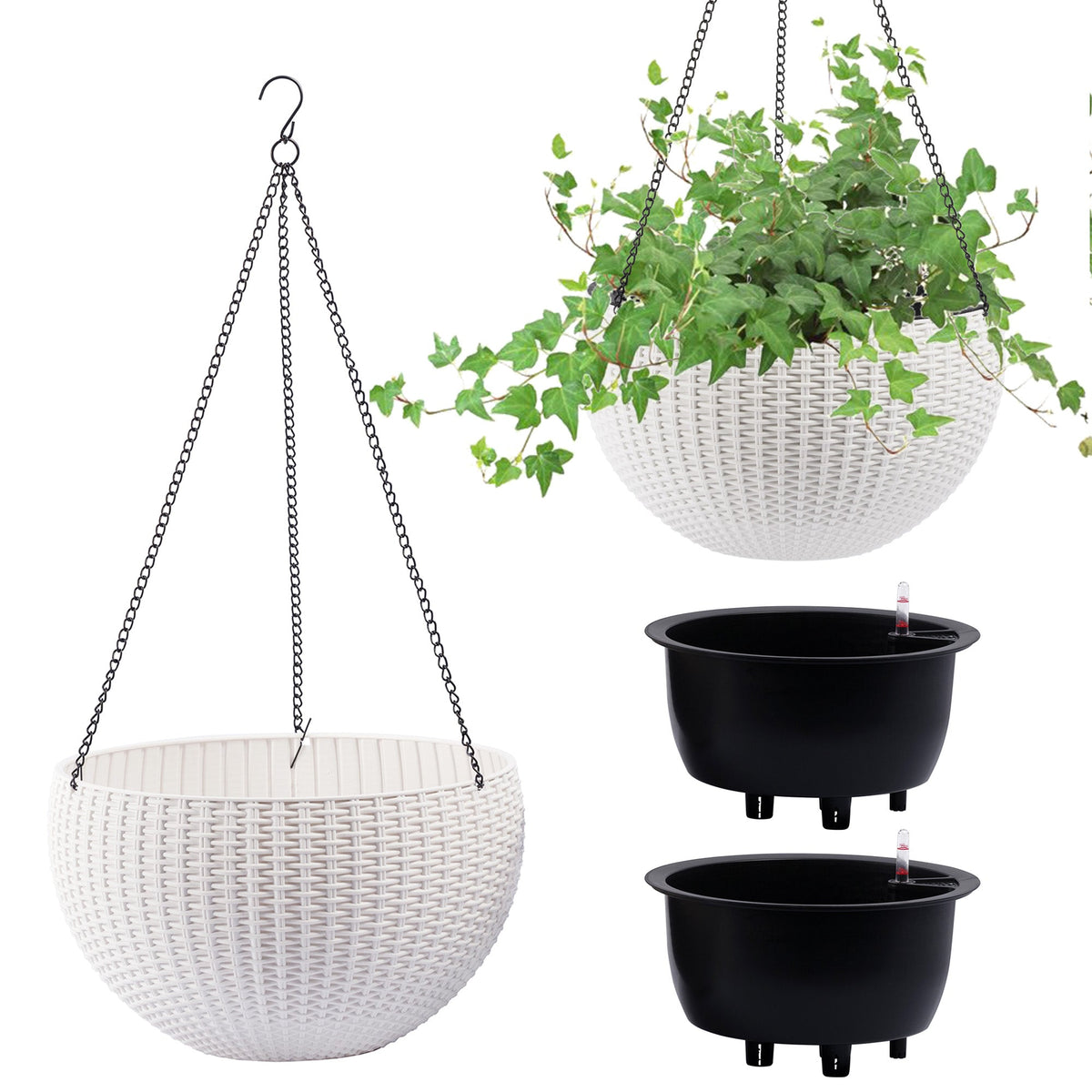 2-Pack White Self-Watering Rattan-Inspired Hanging Planters