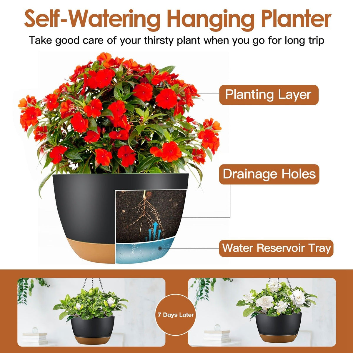 4-Piece Hanging Self-Watering Planters