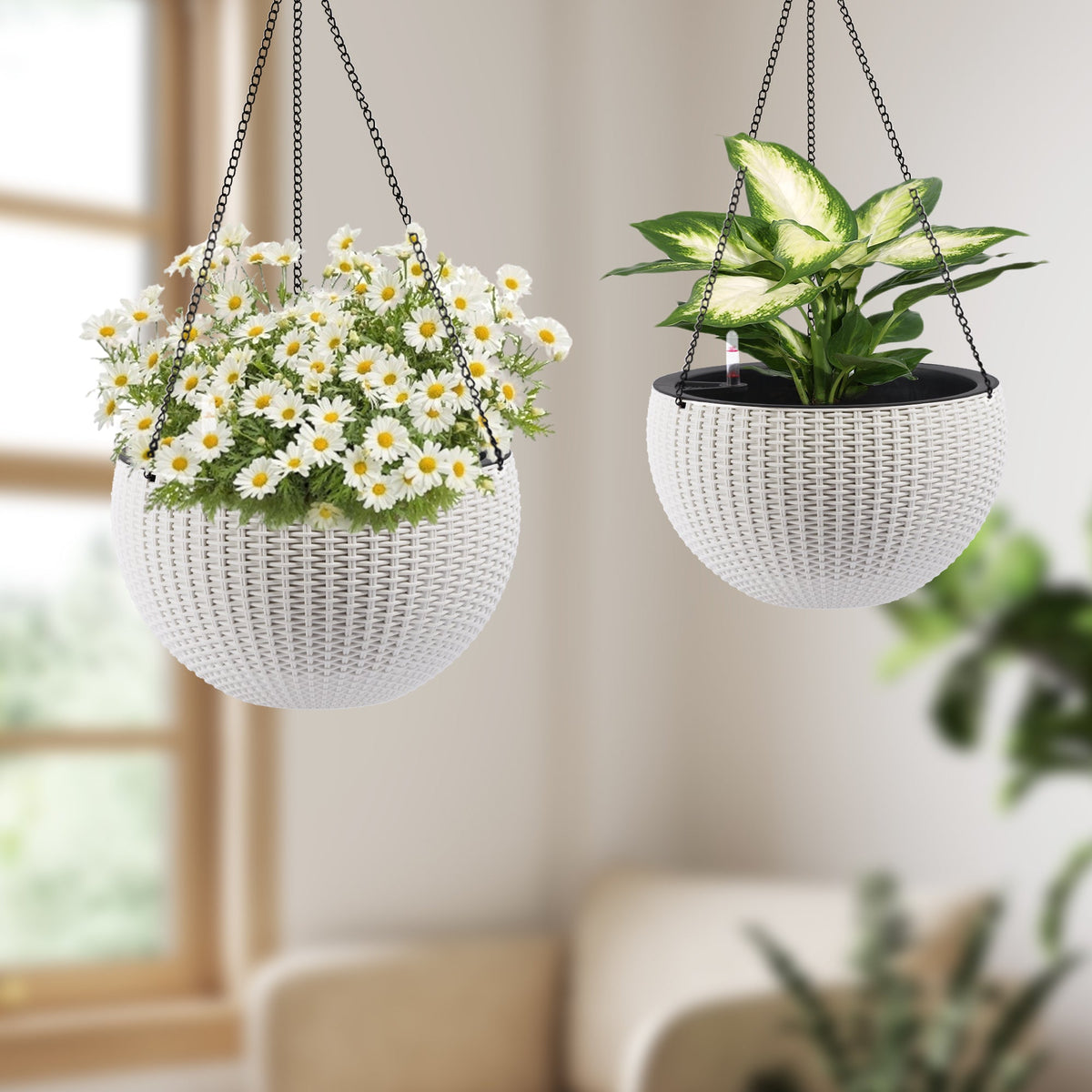 2-Pack White Self-Watering Rattan-Inspired Hanging Planters