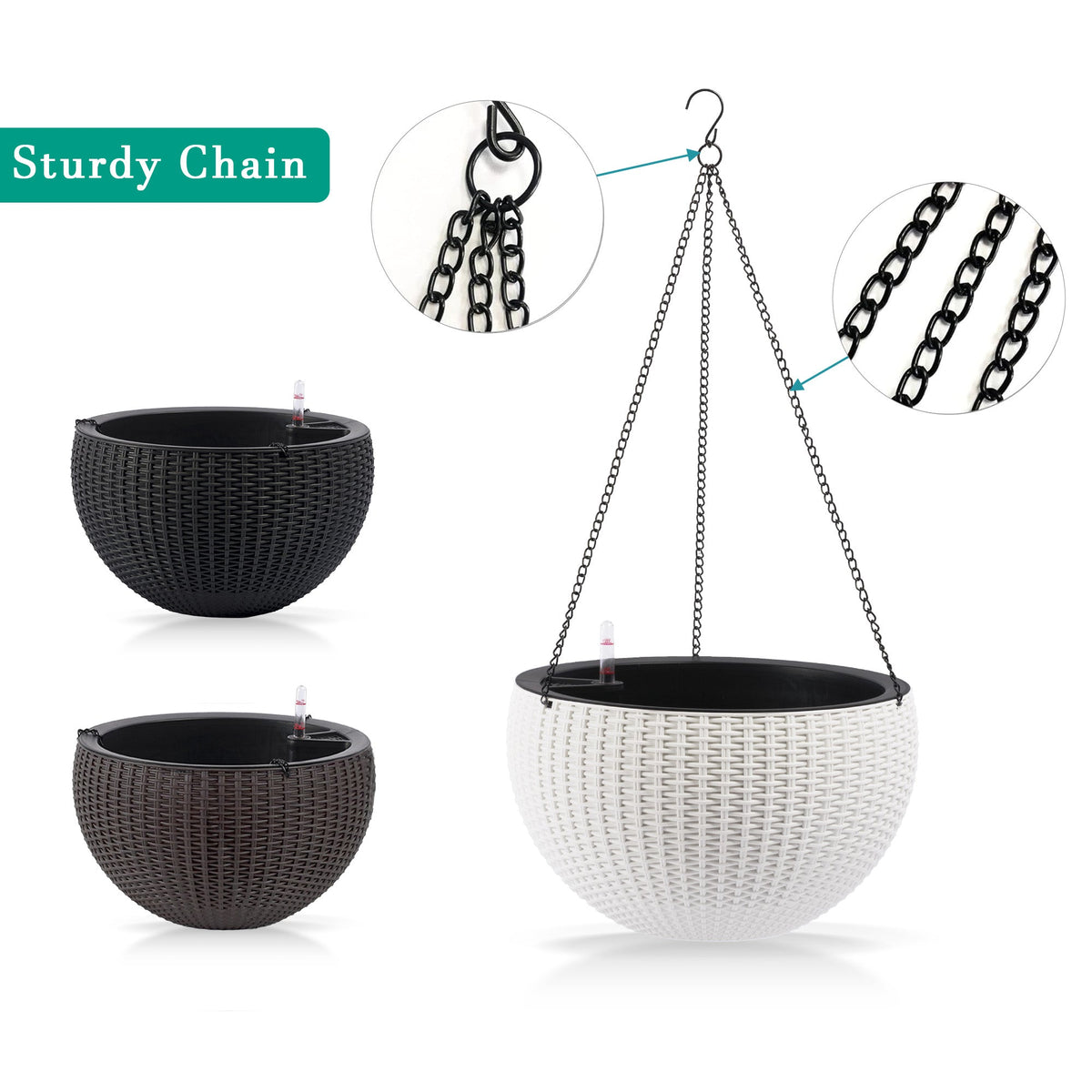 2-Pack White Self-Watering Rattan-Inspired Hanging Planters