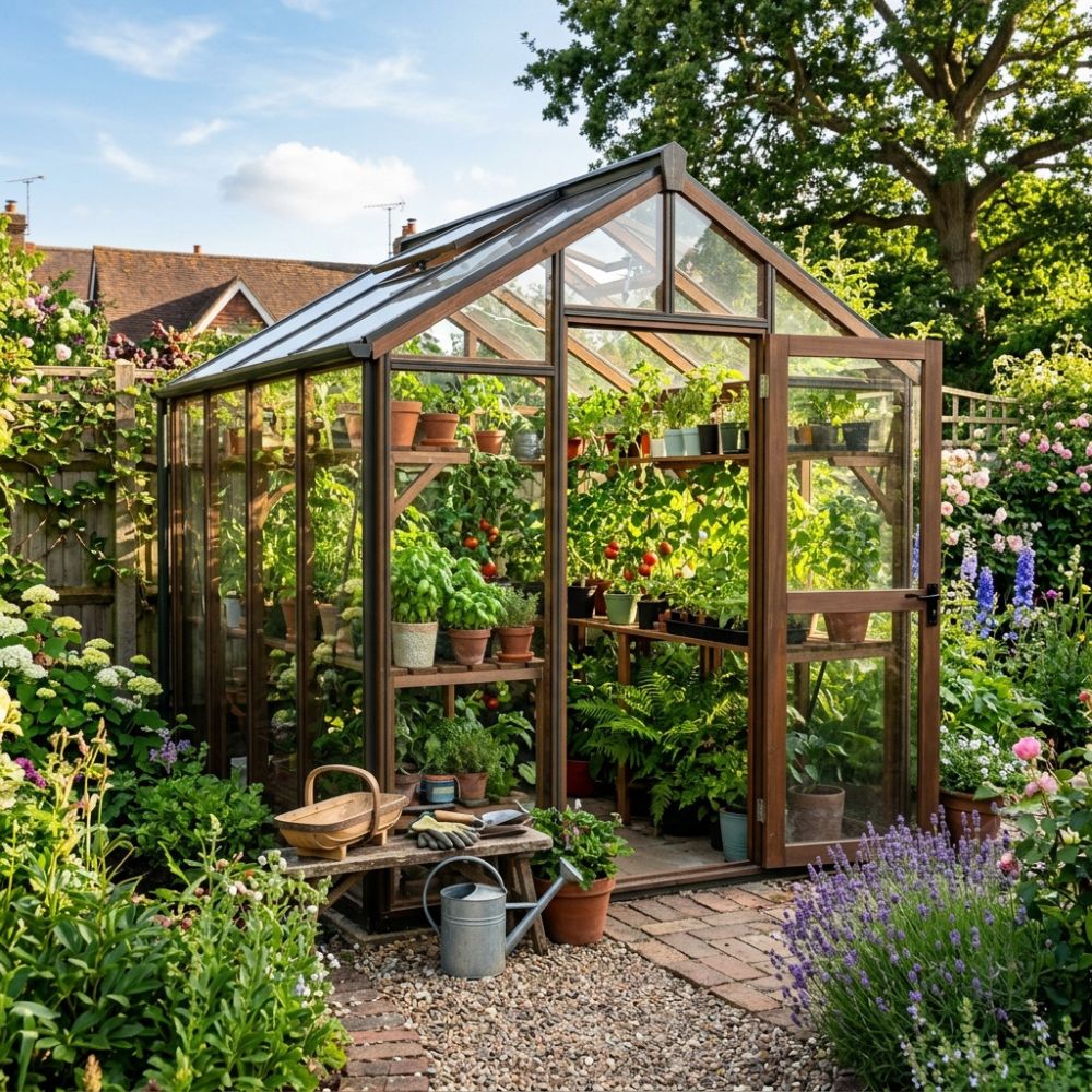 A wooden-framed glass greenhouse filled with potted plants, situated in a lush garden with flowers, a brick path, and gardening tools like a watering can and basket.