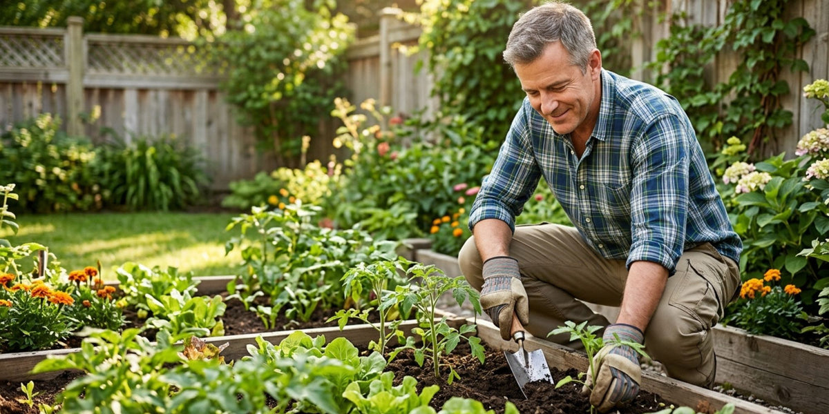 A man wearing a blue plaid shirt and gardening gloves kneels in a wooden raised garden bed, using a small hand trowel to plant or tend seedlings in a sunny backyard garden.