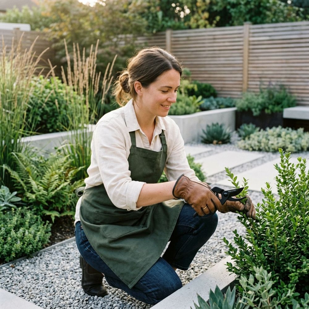 A woman kneeling in a modern garden bed, wearing a dark green apron over a cream button-up shirt and brown leather gardening gloves while pruning a green shrub.