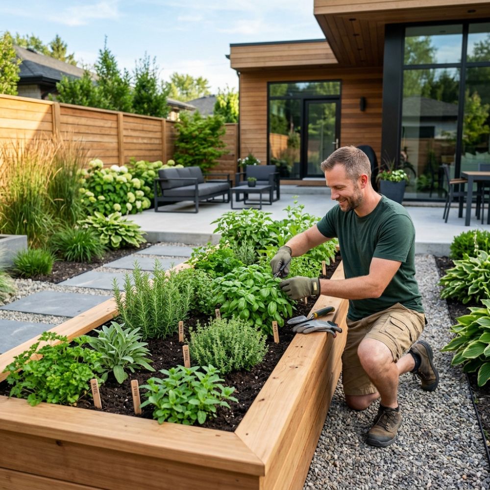 A man kneeling in a wooden raised garden bed, planting fresh green herbs in a modern backyard garden with a wood-paneled house in the background.