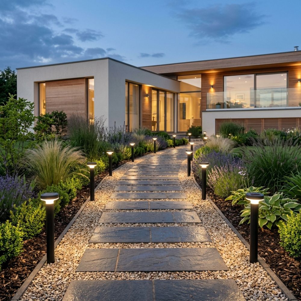 A modern house exterior at dusk with a stone walkway illuminated by evenly spaced black outdoor bollard lights, surrounded by landscaped plants and mulch.