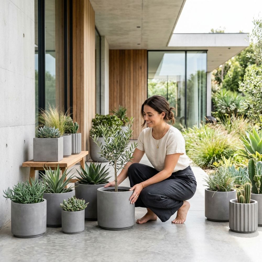A woman crouches on a modern concrete patio next to a house, surrounded by various potted succulents, cacti, and a small tree in sleek gray concrete planters.
