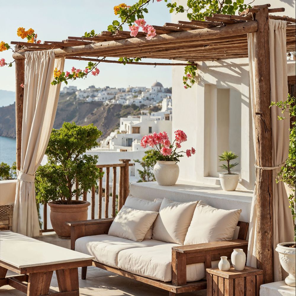 A beautifully styled outdoor patio under a rustic wooden pergola with beige curtains, featuring a wooden daybed with cream cushions, a small wooden side table, and potted plants overlooking a Mediterranean-style coastal town with white buildings and blue sea.