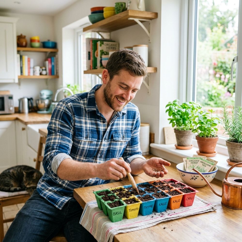 A man in a blue plaid shirt smiles while gardening, using a small brush to sow seeds in colorful seed-starting pots labeled with days of the week on a wooden table in a bright kitchen.