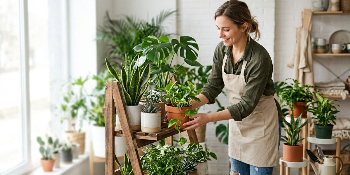 A woman wearing a beige apron over an olive green shirt and blue jeans tends to a potted plant on a wooden display stand inside a bright, sunlit plant shop or home interior filled with green foliage.