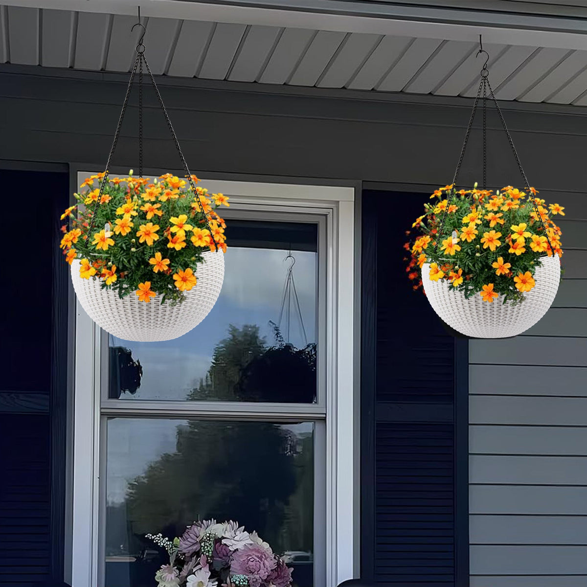 2-Pack White Self-Watering Rattan-Inspired Hanging Planters