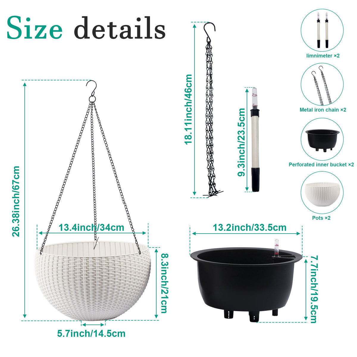 2-Pack White Self-Watering Rattan-Inspired Hanging Planters