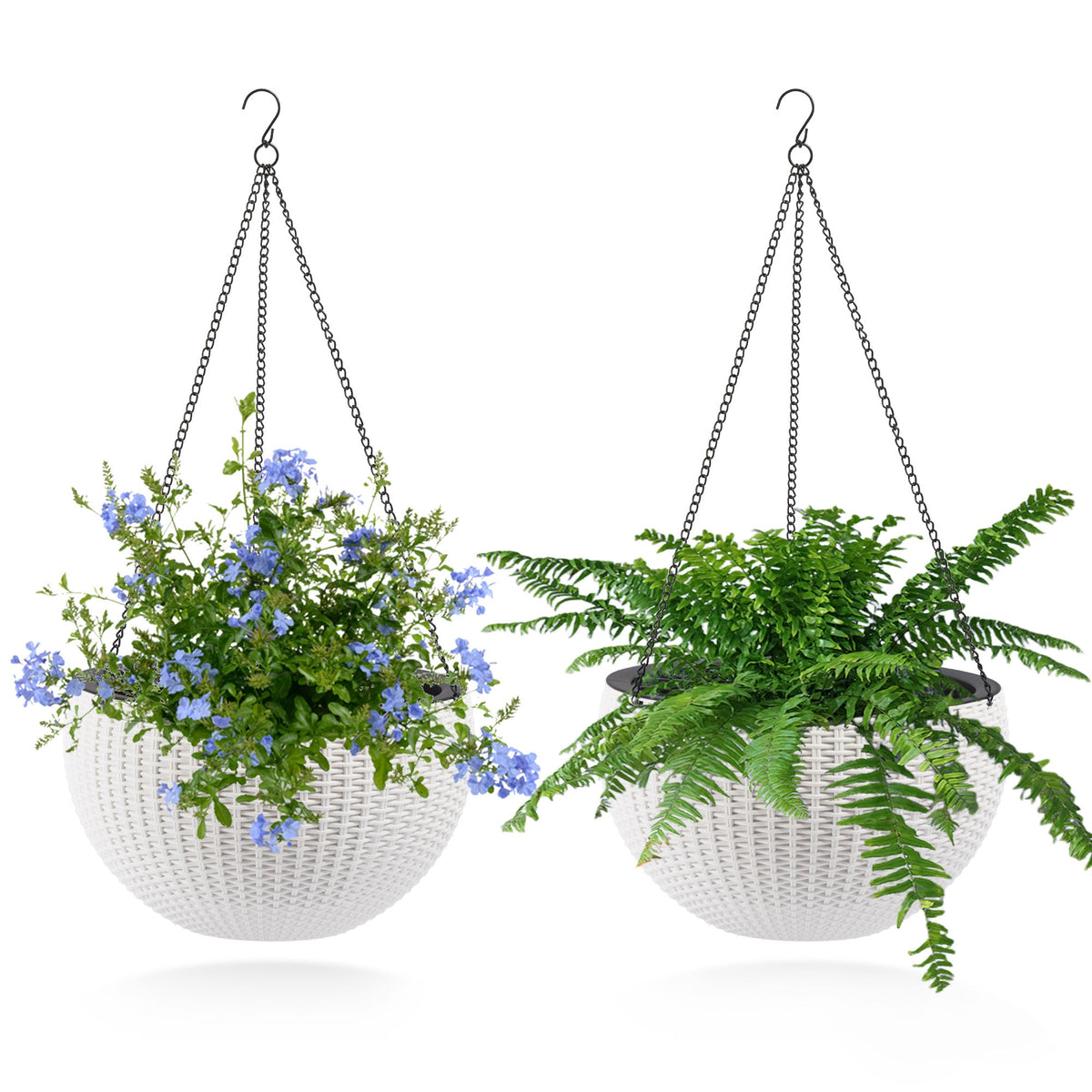 2-Pack White Self-Watering Rattan-Inspired Hanging Planters