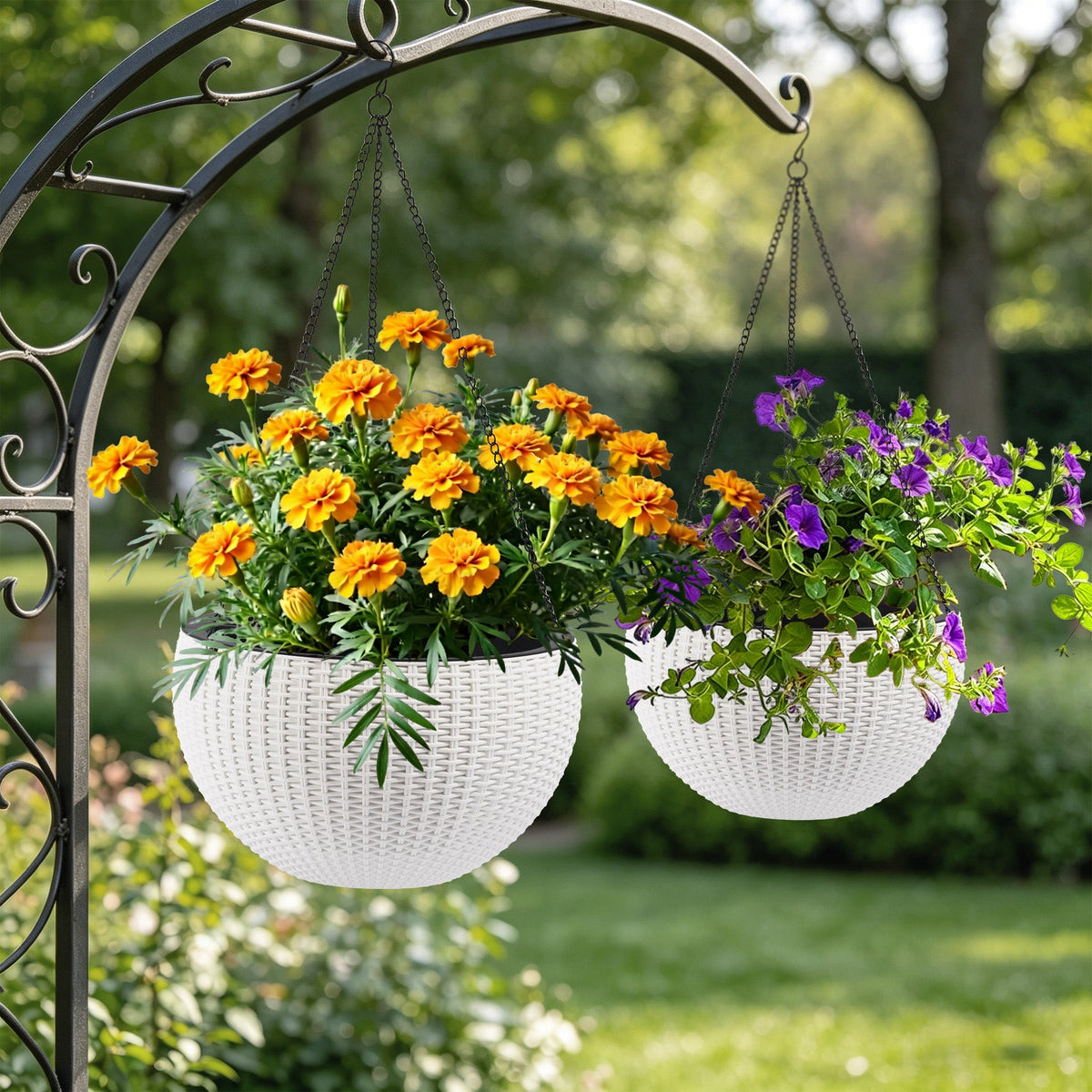 2-Pack White Self-Watering Rattan-Inspired Hanging Planters